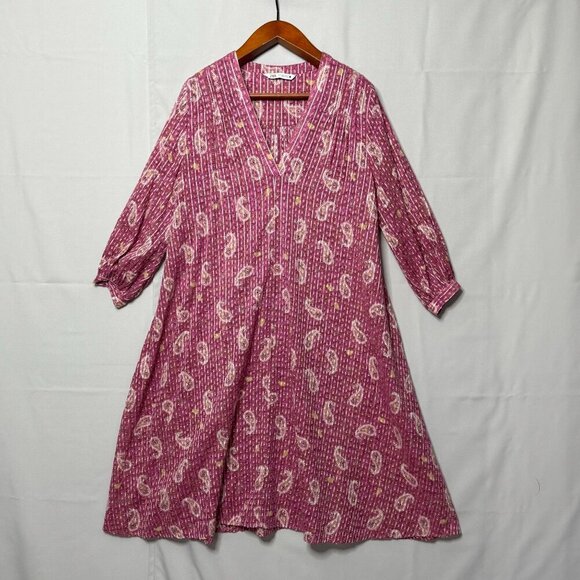 Zara Pink Paisley Cotton V Neck Ballon Sleeve A Line Kaftan Midi Dress Size M - Picture 3 of 13